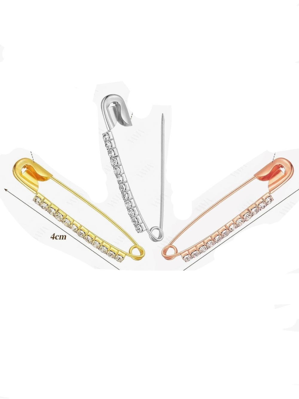 3 Rhinestone Safety Pin Brooch - u pick colors Gold, Silver, Rose Gold
